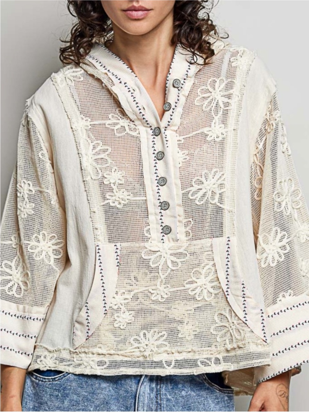 POL Natural Floral Embroidered Semi-Sheer Cotton Boho Hoodie - Picture 4 of 6